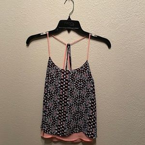 Navy blue and pink patterned blouse